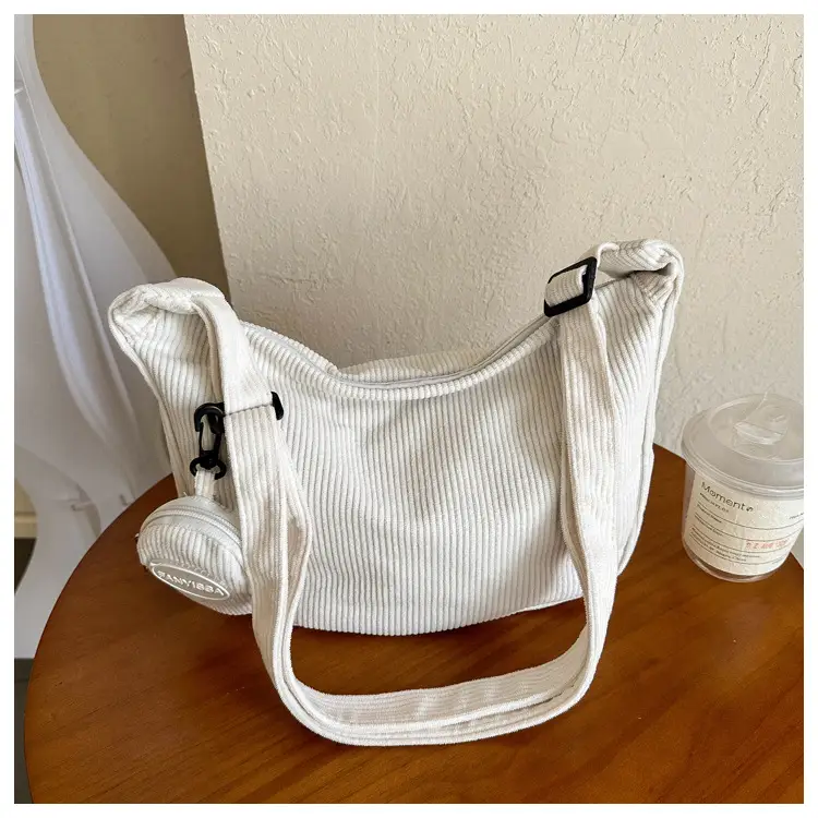 Women's White Corduroy Shoulder Bag with Crossbody Strap — feature 30