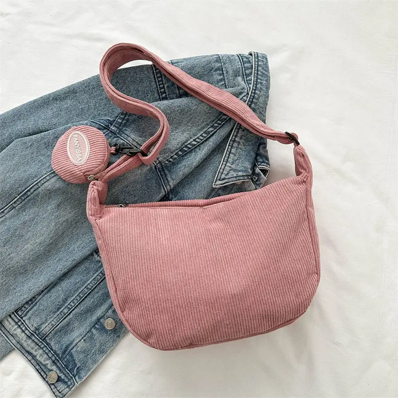 Women's White Corduroy Shoulder Bag with Crossbody Strap - Image 4