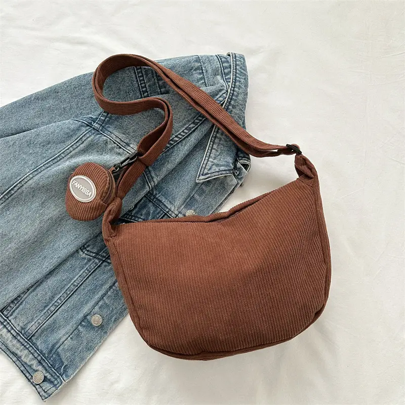 Women's White Corduroy Shoulder Bag with Crossbody Strap - Image 7