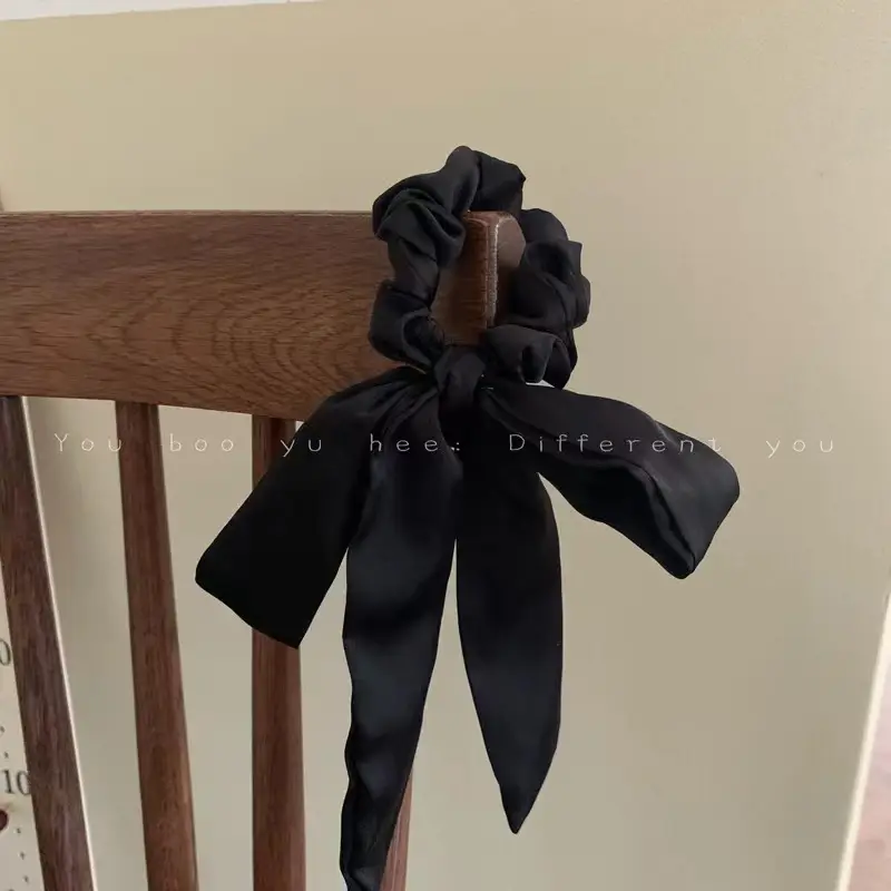 Black Silk Hair Tie with French Bow Design - Image 2