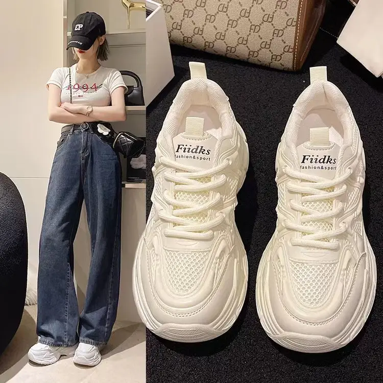 Dad Shoes Women's Shoes 2024 New Spring and Summer Breathable Mesh Shoes Thick-Soled White Shoes Mesh Casual Sports Shoes Versatile