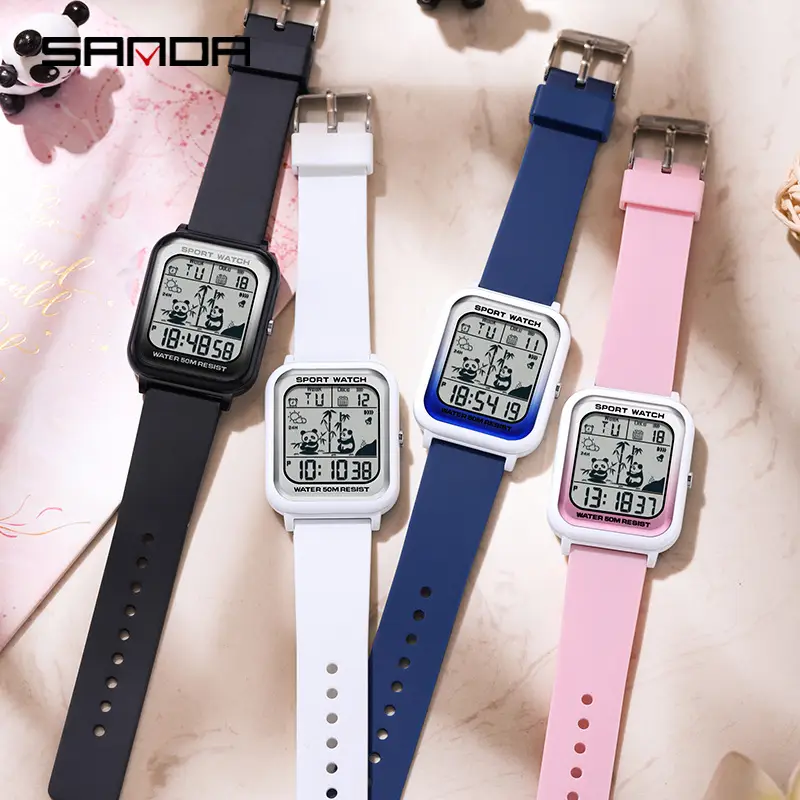 Sanda Panda Electronic Watch 50m Waterproof Square Design