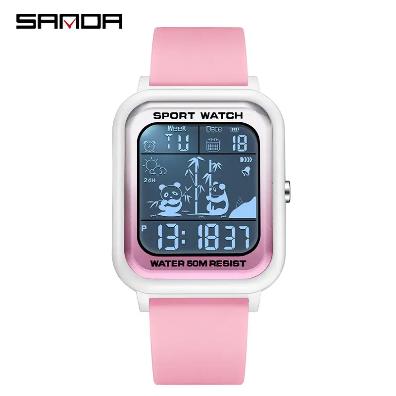 Sanda Panda Electronic Watch 50m Waterproof Square Design