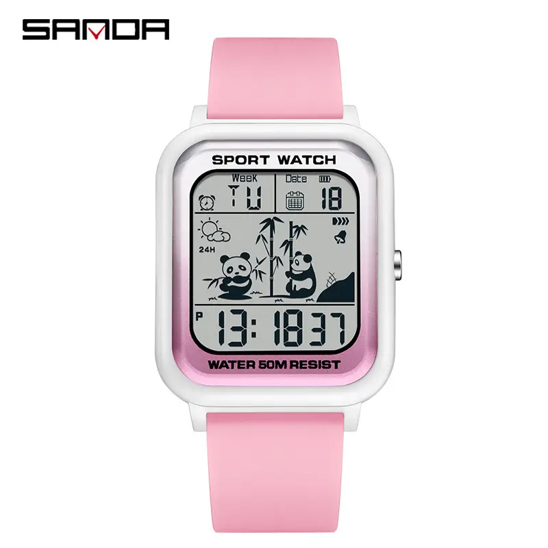 Sanda Panda Electronic Watch 50m Waterproof Square Design