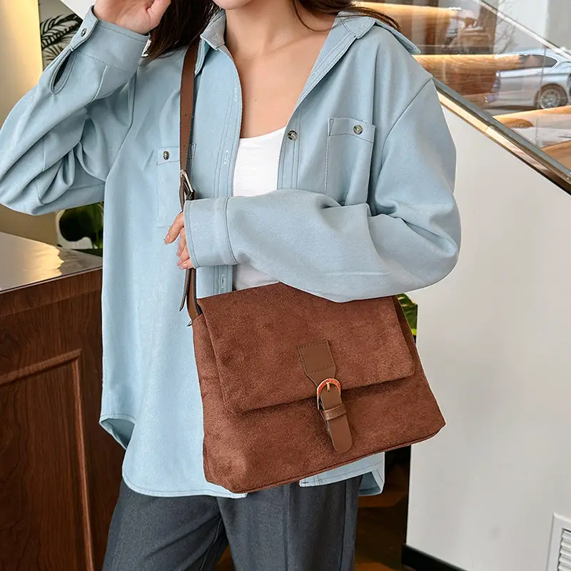 Korean Women's Suede Shoulder Bag Brown - Image 7