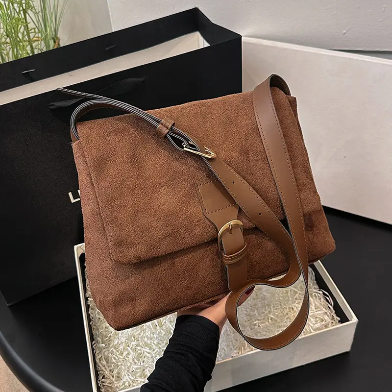 Korean Women's Suede Shoulder Bag Brown - Image 2