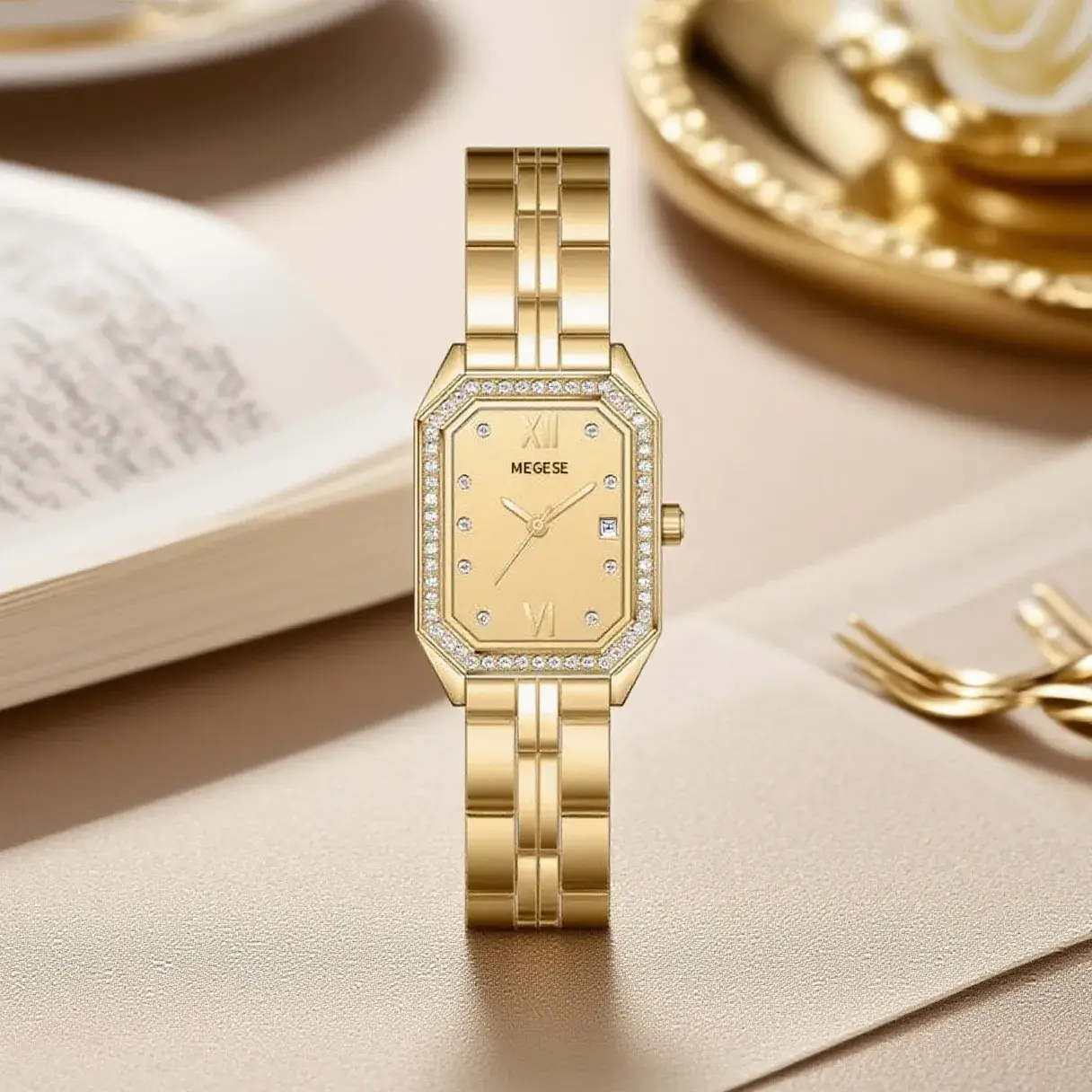 Gold Square Watch with Diamond Crystal Band - Image 3