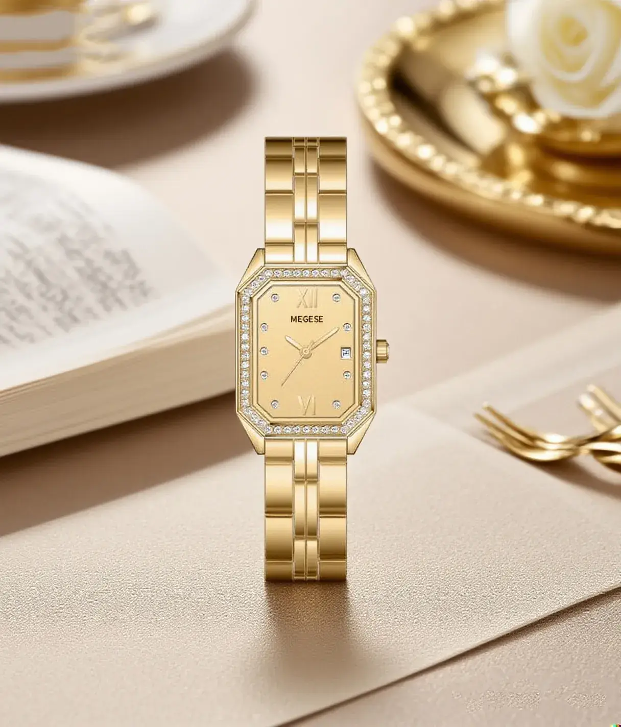 Gold Square Watch with Diamond Crystal Band