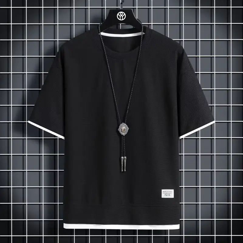 Men Summer Waffle T-Shirt Loose Fit Beige - Image 13