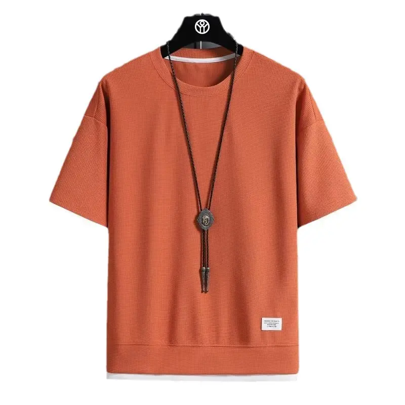 Men Summer Waffle T-Shirt Loose Fit Beige - Image 14