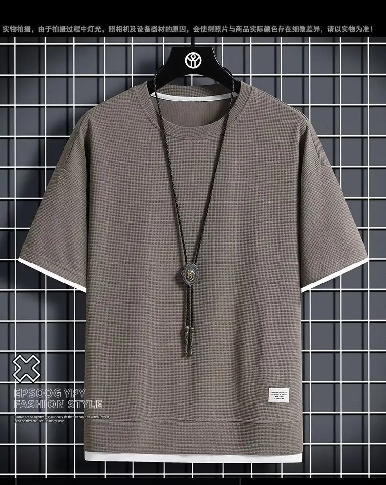 Men Summer Waffle T-Shirt Loose Fit Beige — feature 4