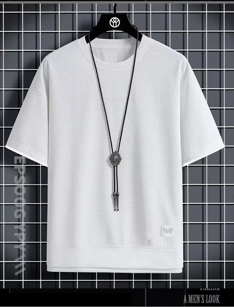 Men Summer Waffle T-Shirt Loose Fit Beige — feature 5