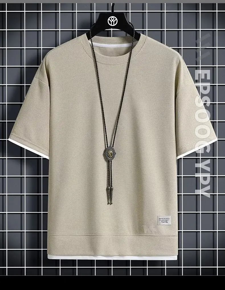 Men Summer Waffle T-Shirt Loose Fit Beige — feature 6