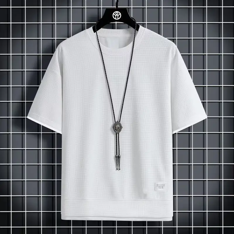Men Summer Waffle T-Shirt Loose Fit Beige - Image 2