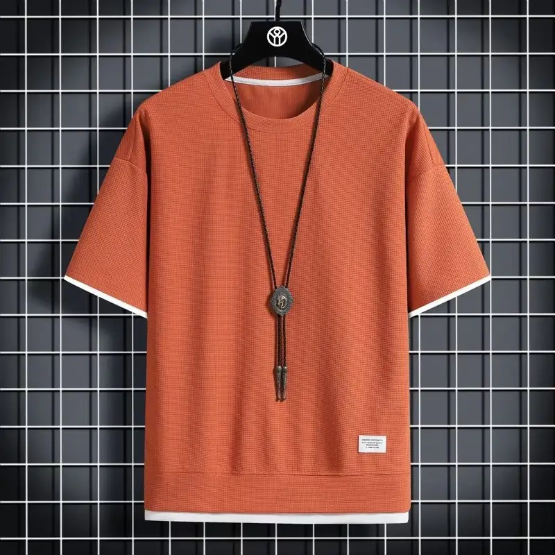 Men Summer Waffle T-Shirt Loose Fit Beige - Image 8