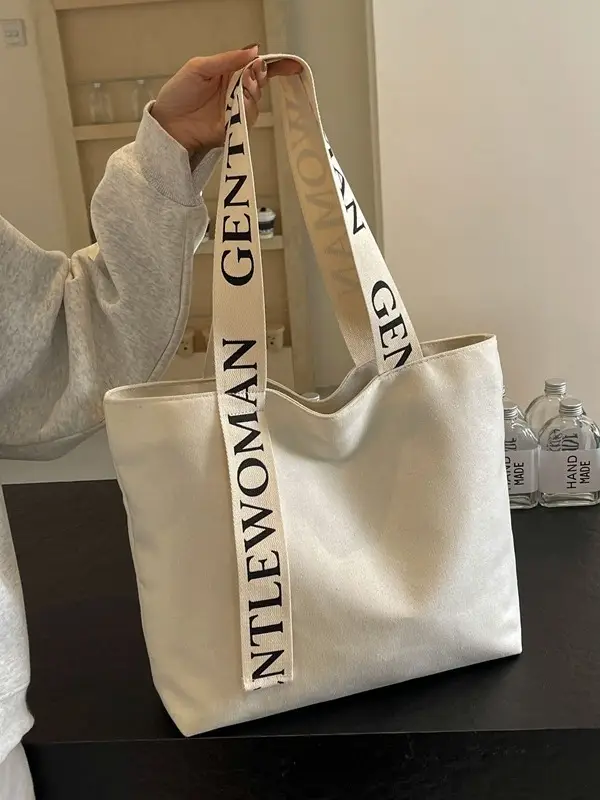 Gentle Woman Canvas Shoulder Bag Black with Letter Print