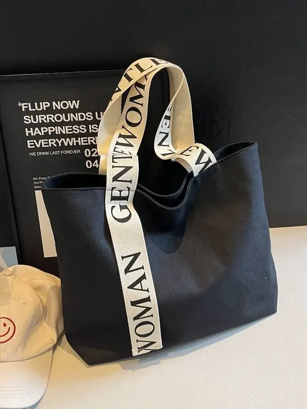 Gentle Woman Canvas Shoulder Bag Black with Letter Print