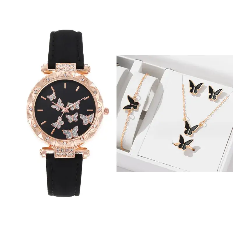 Women's Butterfly Quartz Watch Set of 5 Rose Gold Black Strap