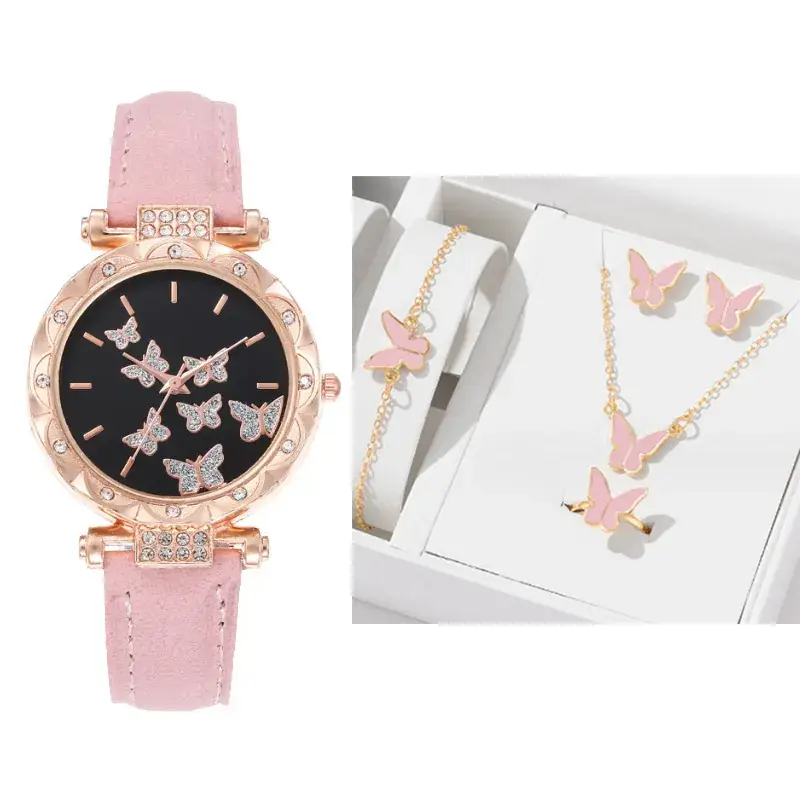 Women's Butterfly Quartz Watch Set of 5 Rose Gold Black Strap