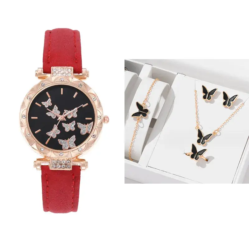 Women's Butterfly Quartz Watch Set of 5 Rose Gold Black Strap
