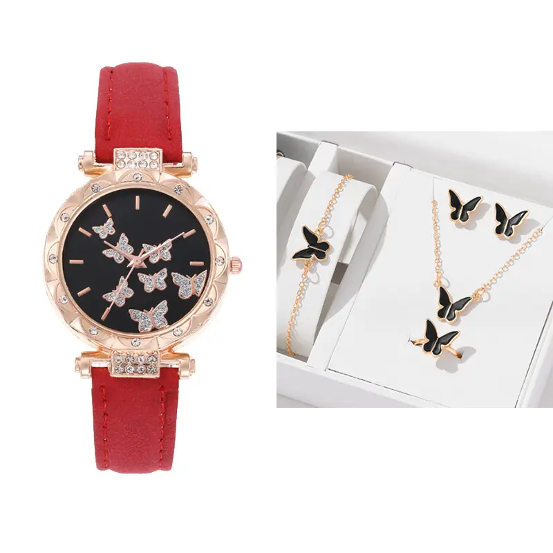 Women's Butterfly Quartz Watch Set of 5 Rose Gold Black Strap — feature 2