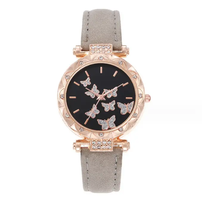 Women's Butterfly Quartz Watch Set of 5 Rose Gold Black Strap — feature 21