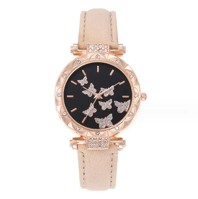 Women's Butterfly Quartz Watch Set of 5 Rose Gold Black Strap — feature 22