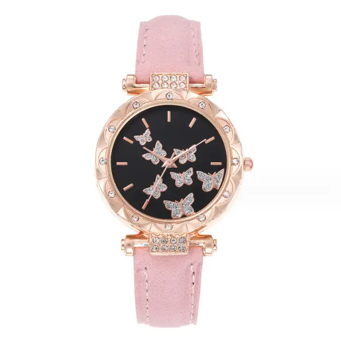 Women's Butterfly Quartz Watch Set of 5 Rose Gold Black Strap — feature 26