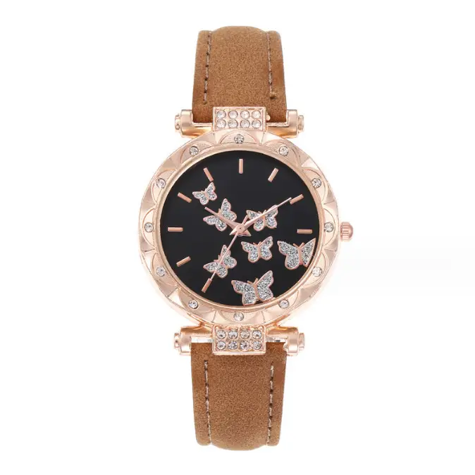 Women's Butterfly Quartz Watch Set of 5 Rose Gold Black Strap — feature 27