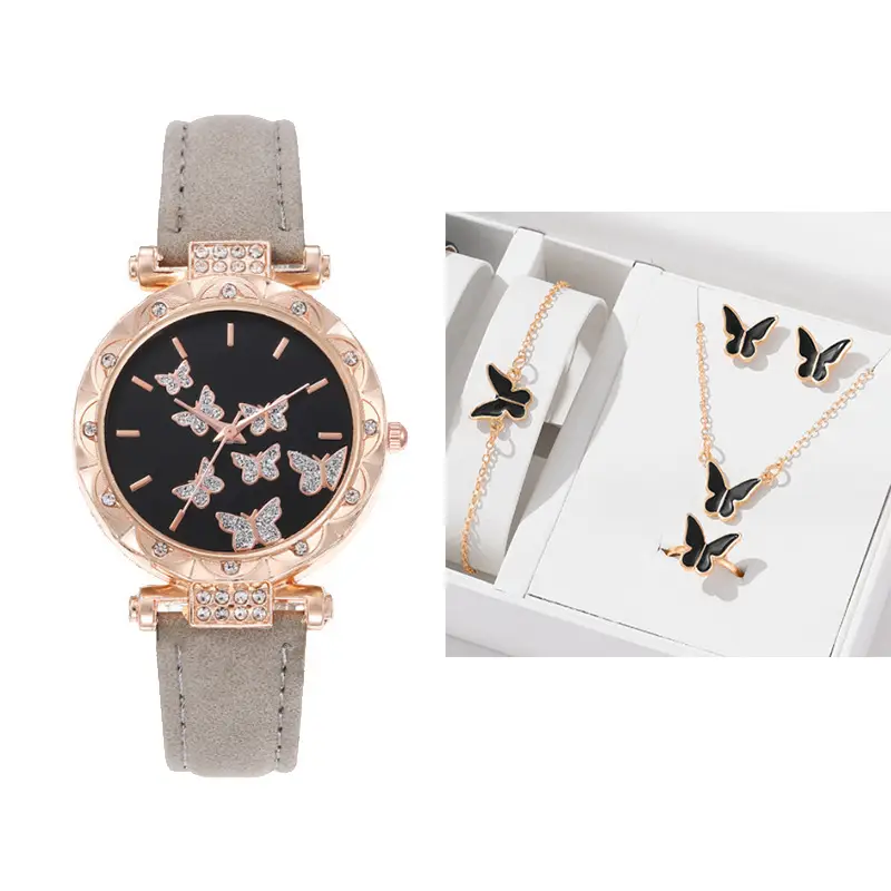 Women's Butterfly Quartz Watch Set of 5 Rose Gold Black Strap — feature 3