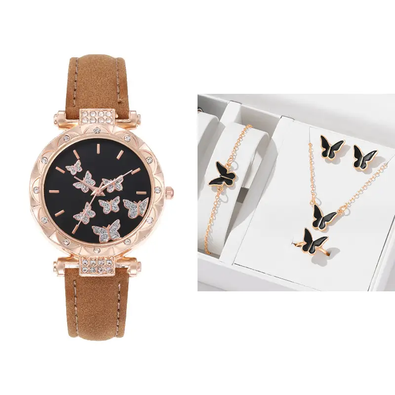 Women's Butterfly Quartz Watch Set of 5 Rose Gold Black Strap — feature 4