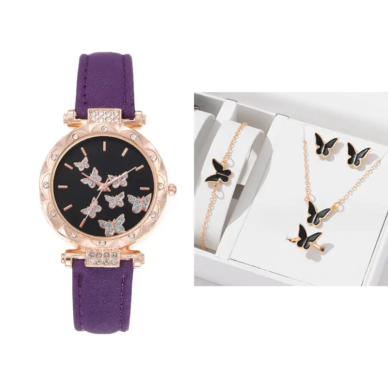 Women's Butterfly Quartz Watch Set of 5 Rose Gold Black Strap — feature 5