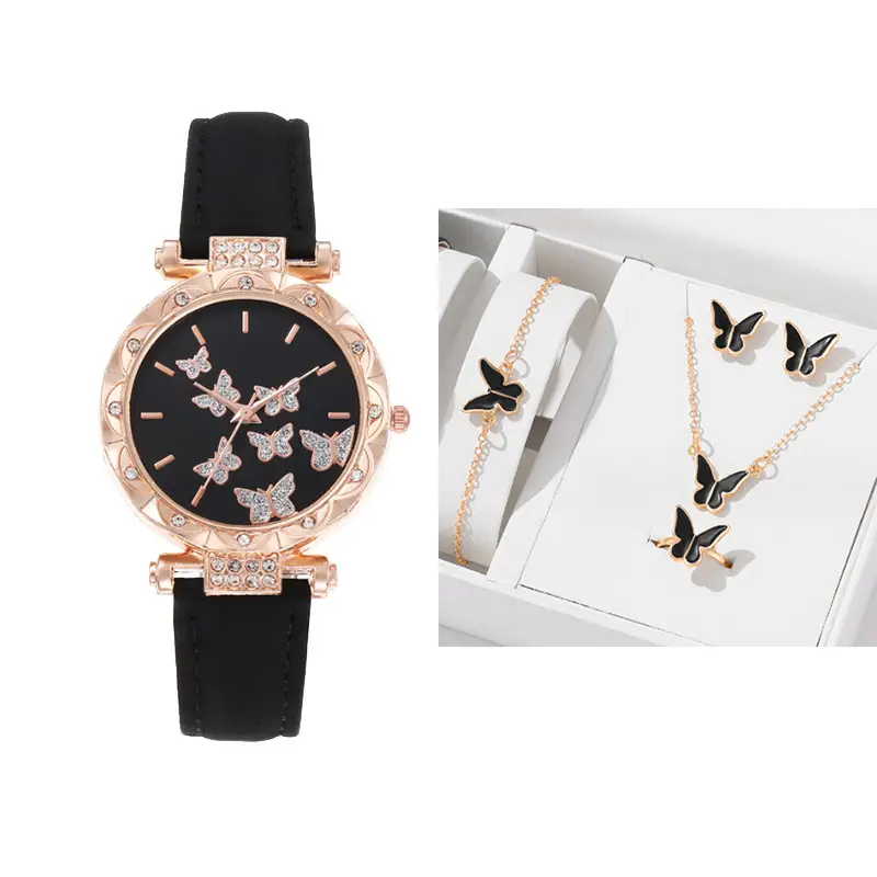 Women's Butterfly Quartz Watch Set of 5 Rose Gold Black Strap — feature 6