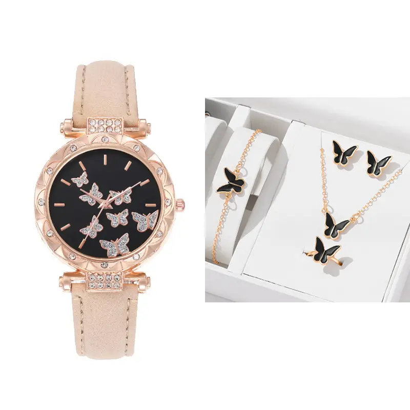Women's Butterfly Quartz Watch Set of 5 Rose Gold Black Strap — feature 8