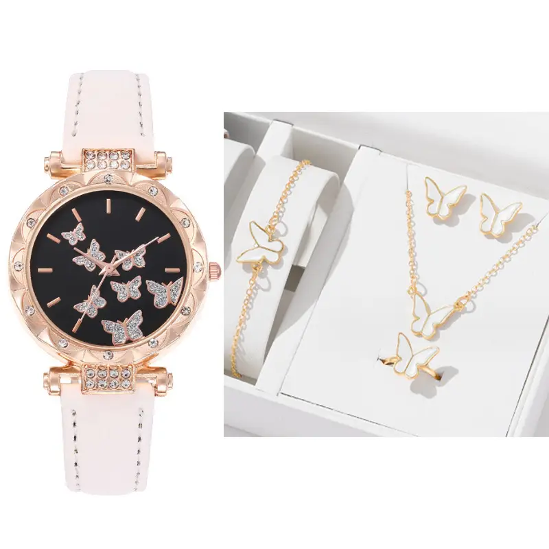 Women's Butterfly Quartz Watch Set of 5 Rose Gold Black Strap — feature 9
