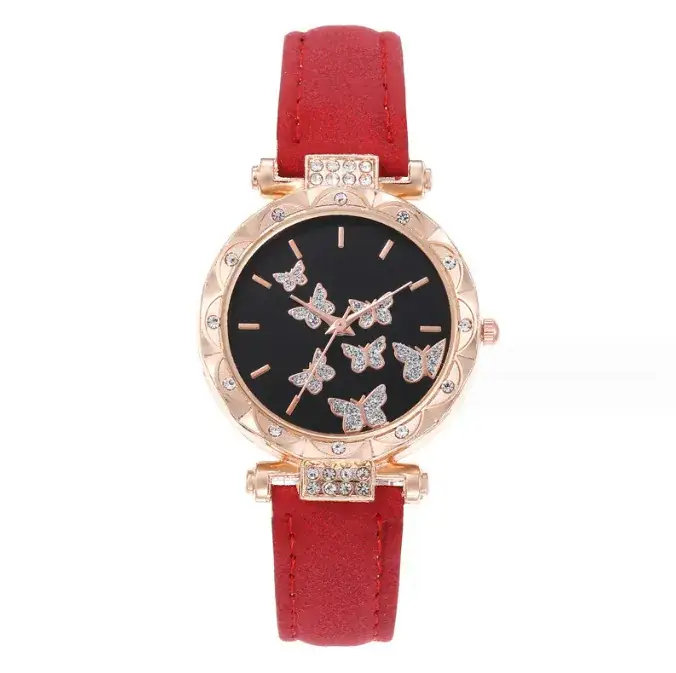 Women's Butterfly Quartz Watch Set of 5 Rose Gold Black Strap
