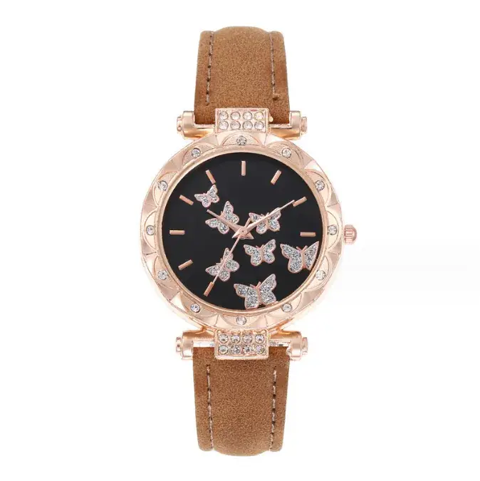 Women's Butterfly Quartz Watch Set of 5 Rose Gold Black Strap