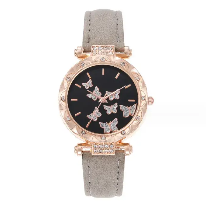 Women's Butterfly Quartz Watch Set of 5 Rose Gold Black Strap