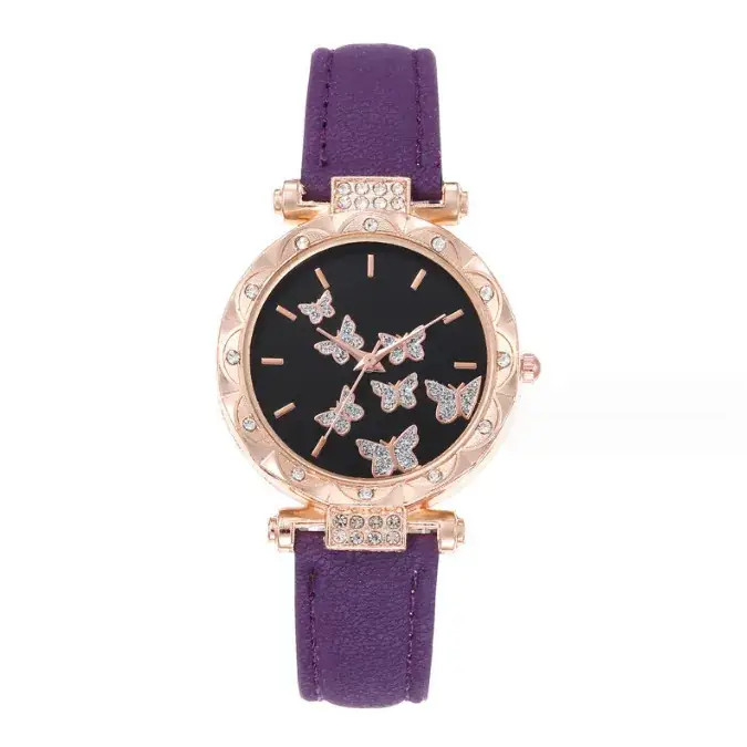 Women's Butterfly Quartz Watch Set of 5 Rose Gold Black Strap