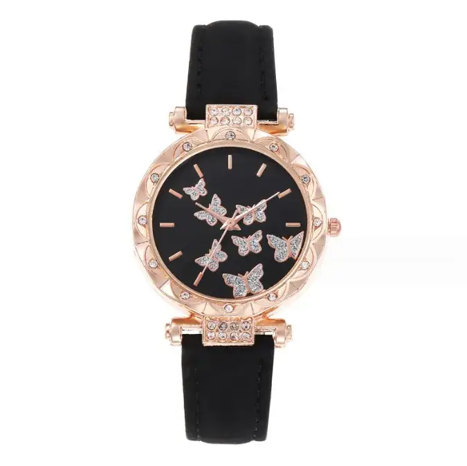 Women's Butterfly Quartz Watch Set of 5 Rose Gold Black Strap