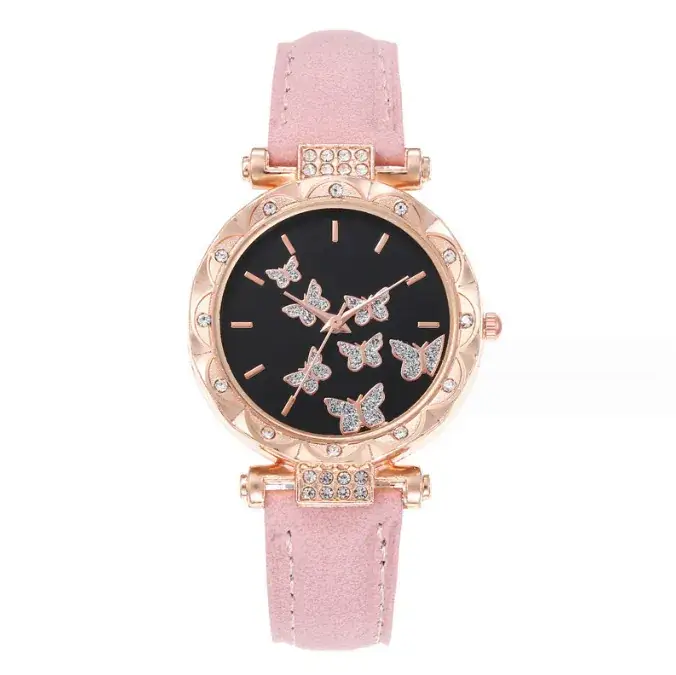 Women's Butterfly Quartz Watch Set of 5 Rose Gold Black Strap