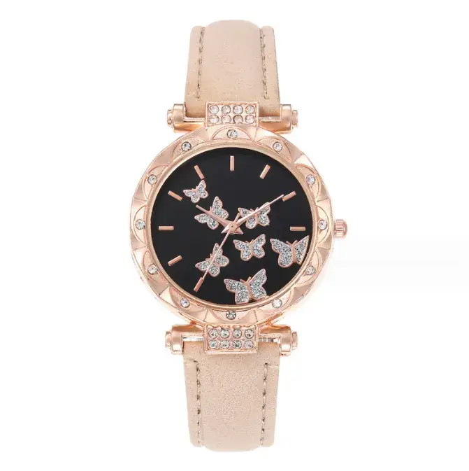 Women's Butterfly Quartz Watch Set of 5 Rose Gold Black Strap