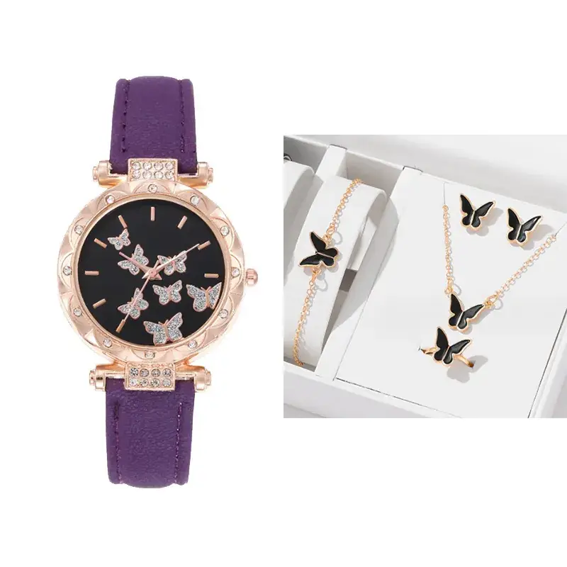Women's Butterfly Quartz Watch Set of 5 Rose Gold Black Strap