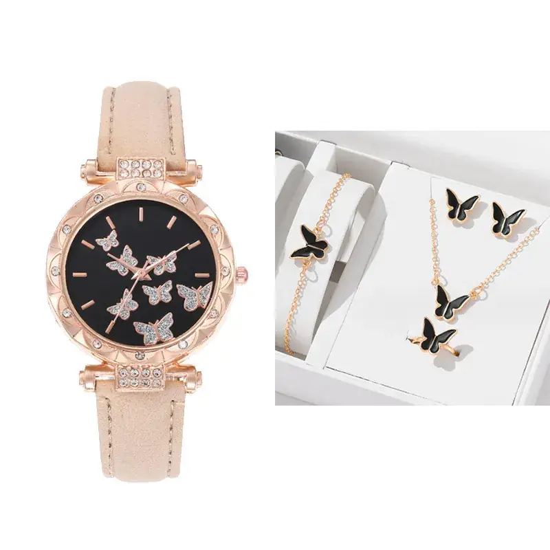 Women's Butterfly Quartz Watch Set of 5 Rose Gold Black Strap