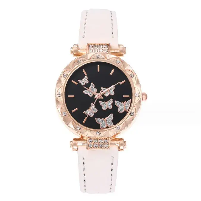 Women's Butterfly Quartz Watch Set of 5 Rose Gold Black Strap