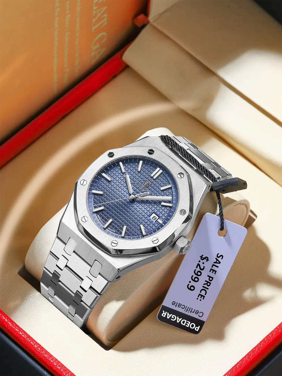 P924 silver shell blue surface steel belt