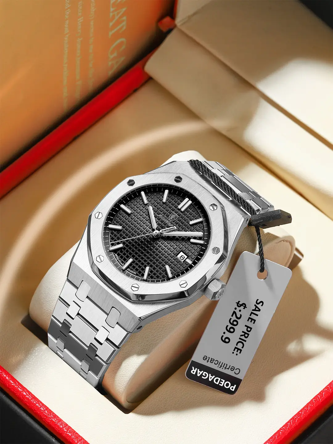 P924 silver shell black surface steel belt