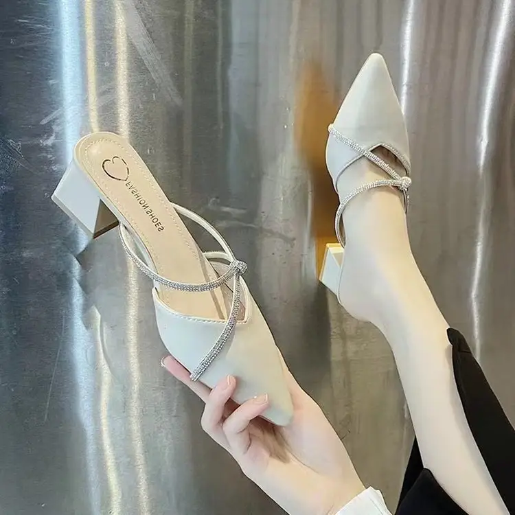 Women Rhinestone Pointed Heel Slippers White 2024 — feature 1