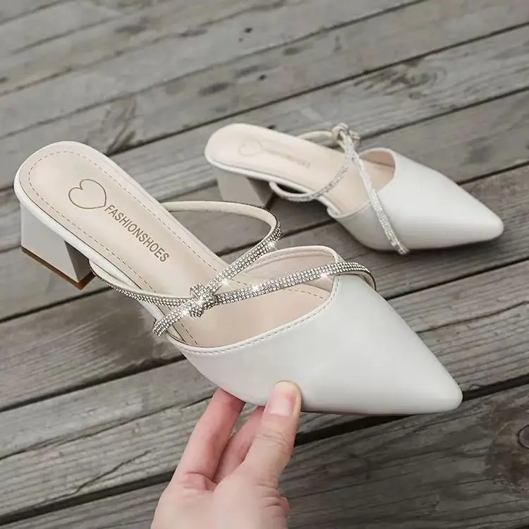 Women Rhinestone Pointed Heel Slippers White 2024 - Image 2