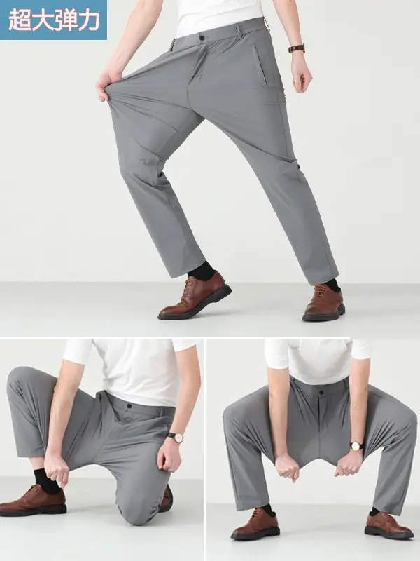 Men Summer Elastic Waist Pants Grey Straight Leg - Image 7